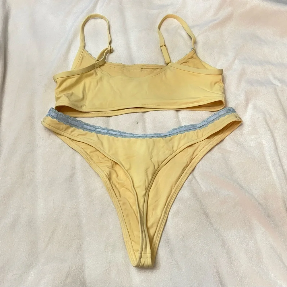 New! Frankie's Bikinis x PINK st Augustine thong Yellow Blue Bikini 3978